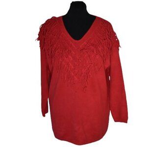 Vintage 90s  Cache Oversized Sweater Red Fringe V Neck Cotton Made in USA Boho